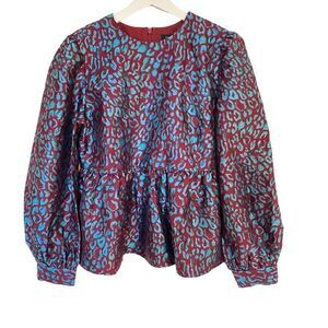 Halogen X Atlantic-Pacific NEW long sleeve peplum small red blue textured